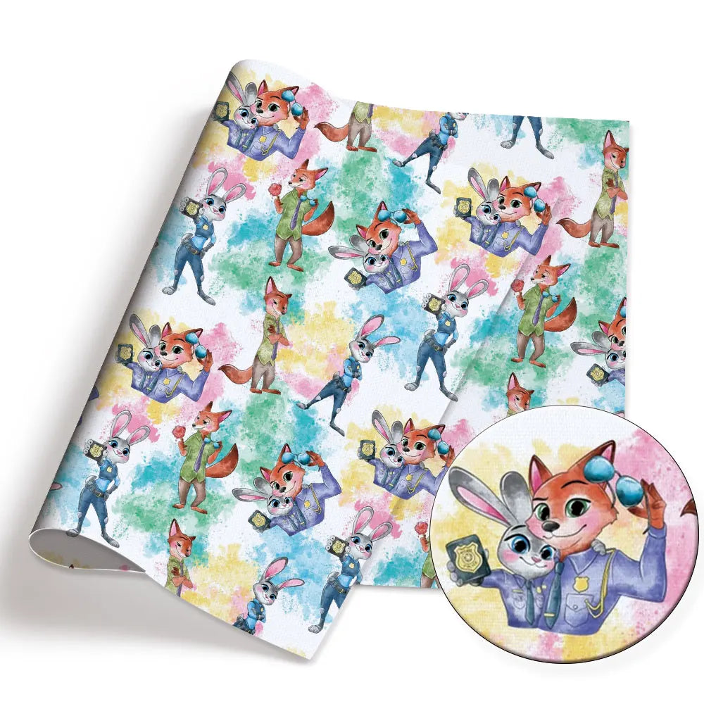papier cadeau illustration personnages animés motifs floraux couleurs bleu rose vert blanc 140x50cm