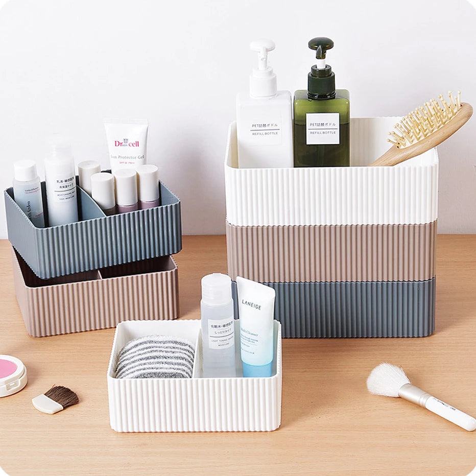 boîtes rangement moderne gris beige rose rayées opaques rangement salle bain cuisine