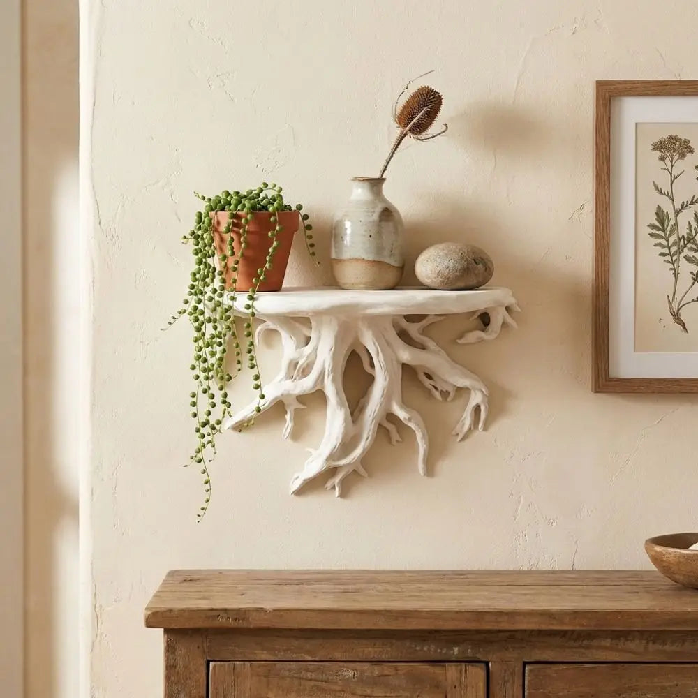 étagère murale racine arbre noir blanc branches naturel rustique objets décoration maison plante vase