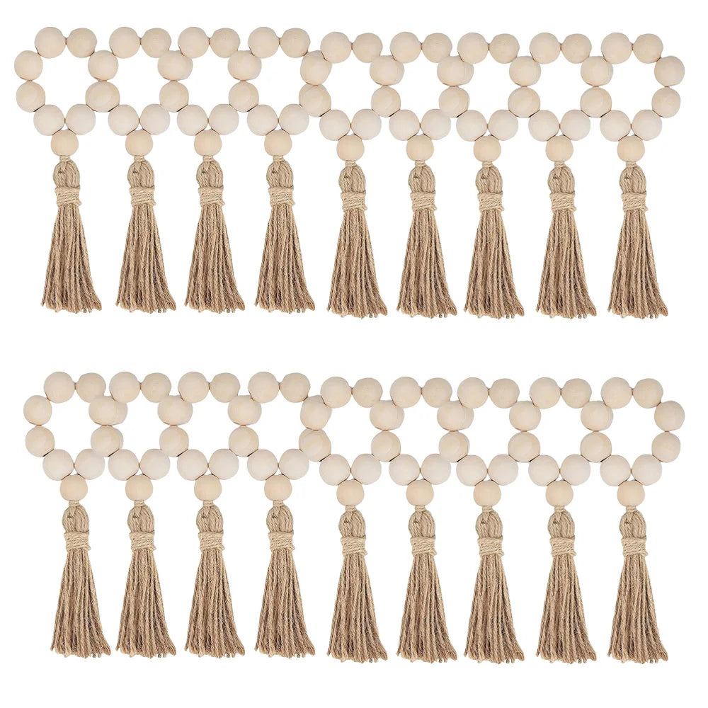 bracelet boho bois pompon jute naturelle blanc rustique