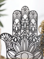 décoration maison main hamsa œil mal sculpture bois ornements floraux artisanal support plat