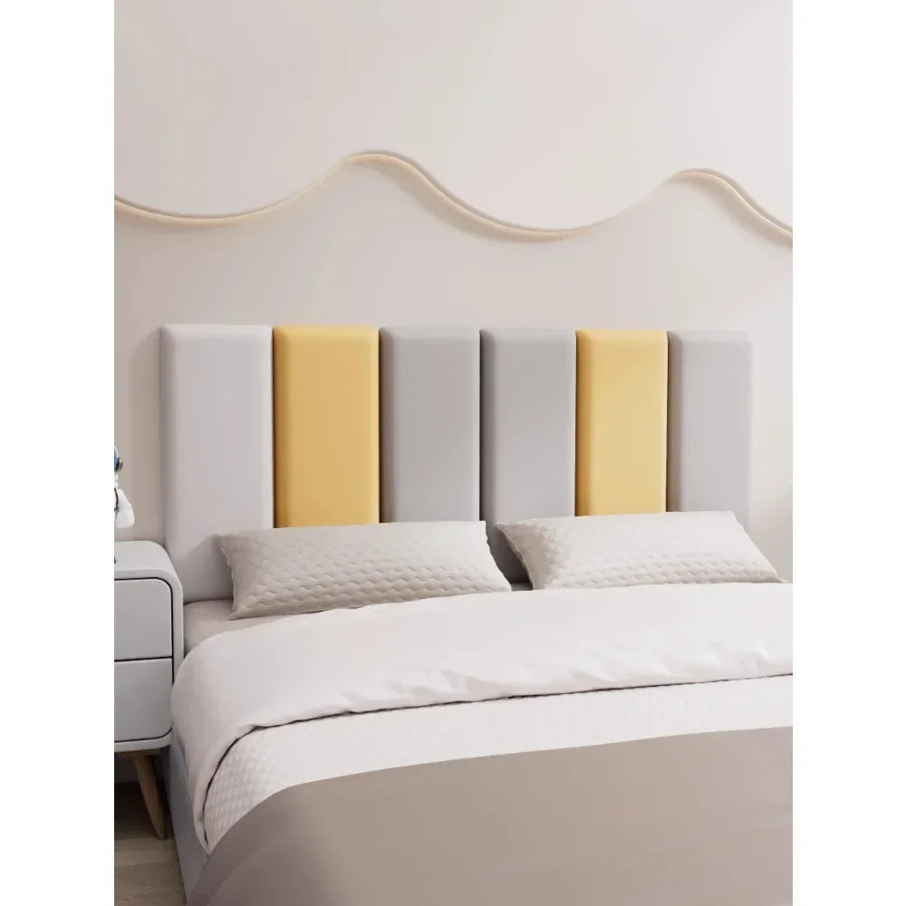 tête lit moderne bleu clair rose pâle gris clair beige rectangles horizontaux matériau texturé