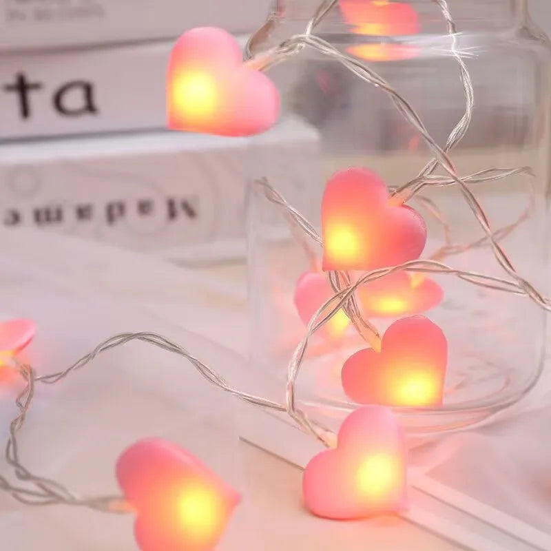 guirlande lumineuse led rose coeurs tissu mat decoration romantique chambre fille lumière blanche batterie
