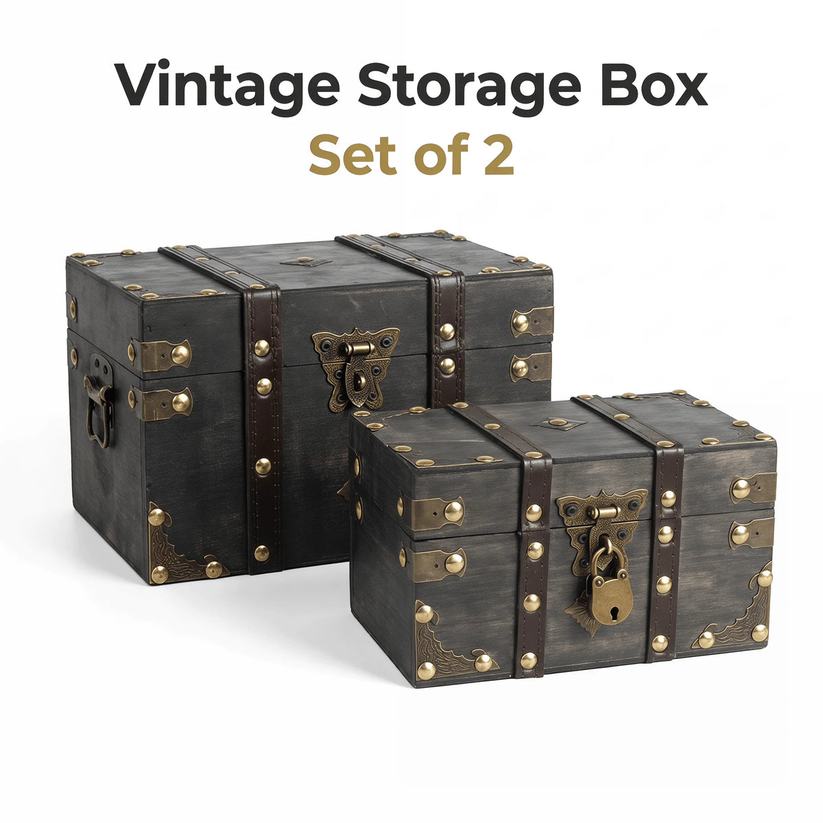 boîtes rangement vintage bois deux pièces noir marron finition vieillie serrure rivets dorés poignées
