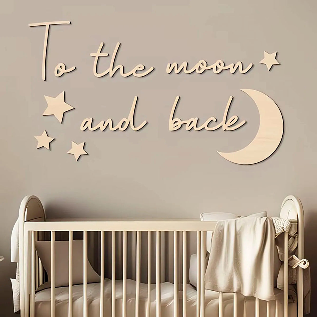 décoration murale moderne lettres lune étoiles adhésif naturel bois minimaliste