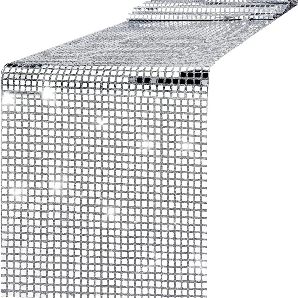 nappe deco festive paillette metallique transparente 120x33cm argentees motifs carres
