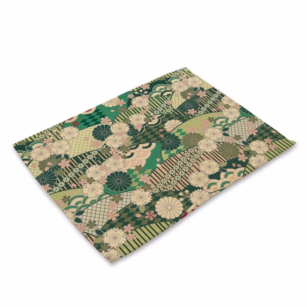 tapis table art japonais traditionnel fleurs motifs géométriques bleu vert rouge beige