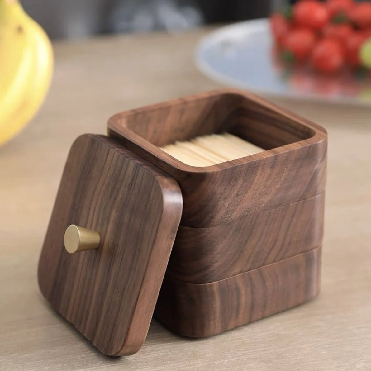 boîte rangement bois compartiments coton tige cure dents moderne minimaliste marron bouton doré