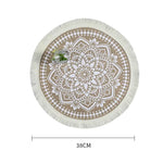 tapis rond boho chic motif floral franges beige clair salon chambre coucher moderne geometrique