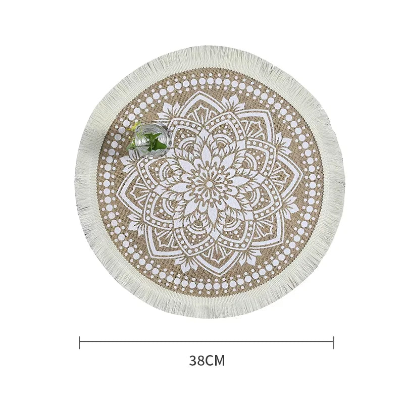 tapis rond boho chic motif floral franges beige clair salon chambre coucher moderne geometrique