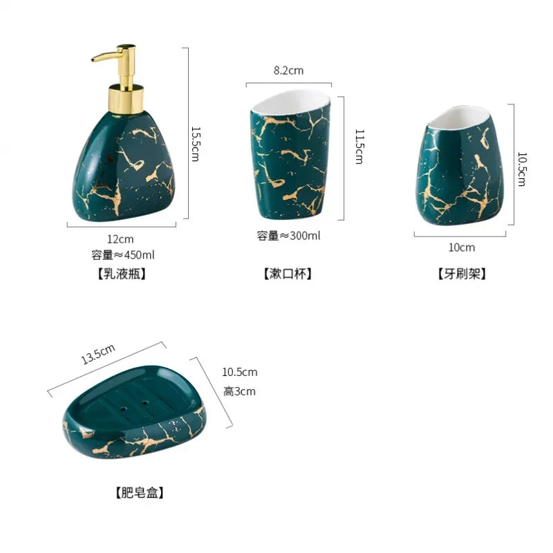 ensemble salle bain moderne marbre doré blanc distributeur savon porte brosse dents tasses plateaux