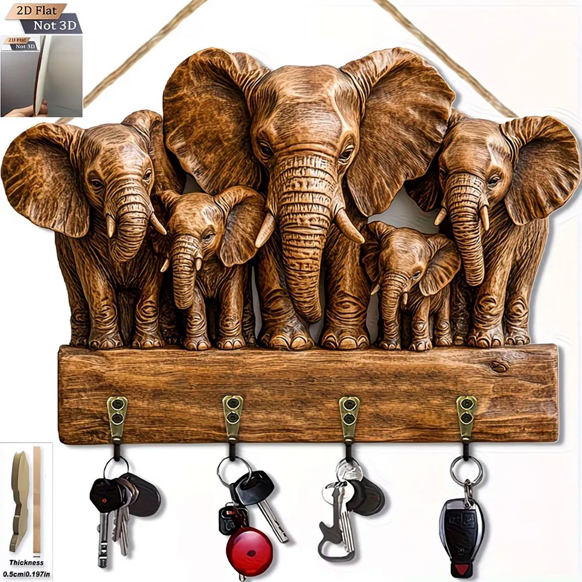 porte clés mural éléphants bois artisanal marron clair décoration intérieure rustique