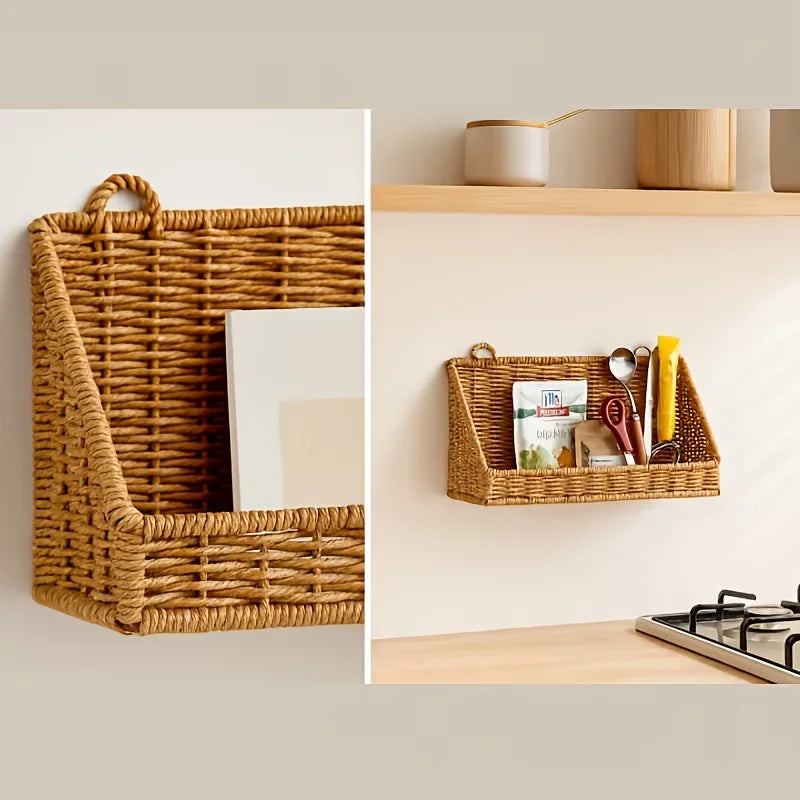 panier suspendu marron clair tressé rustique clips adhésifs salle bain cuisine chambre salon decoration