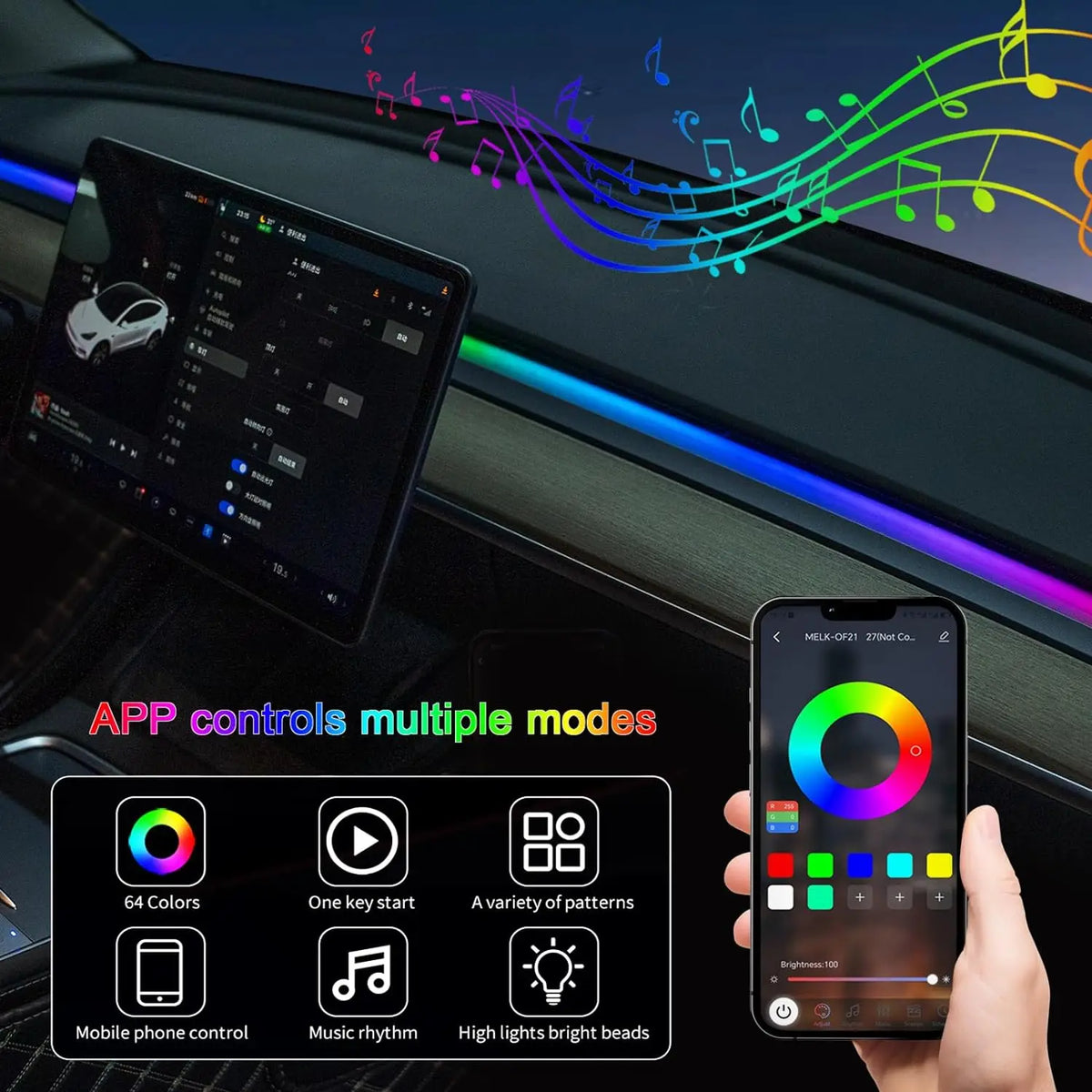 lampe ambiance audi app controle ruban led acrylique transparent noire moderne adhésive connecteurs électriques