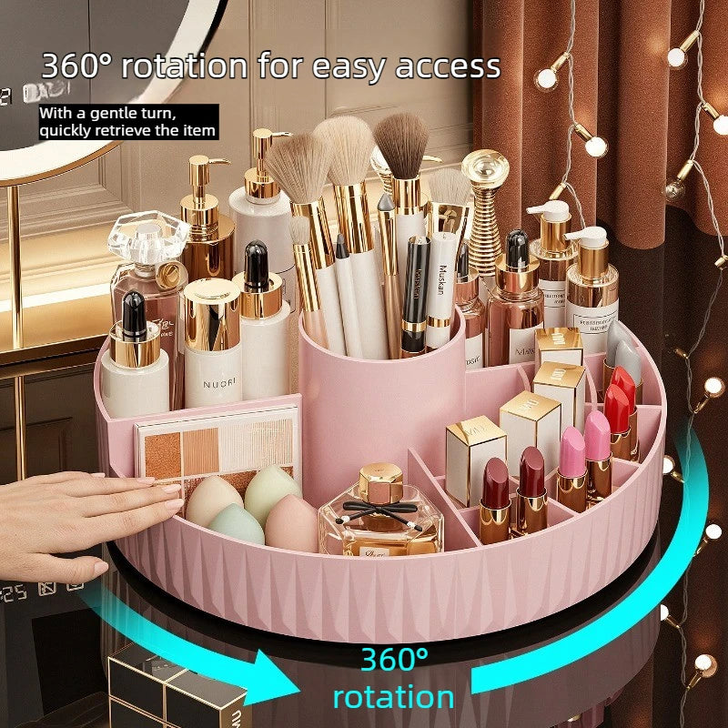 organisateur maquillage rotatif beige rayures moderne brosse parfum crème poudre rouge palette