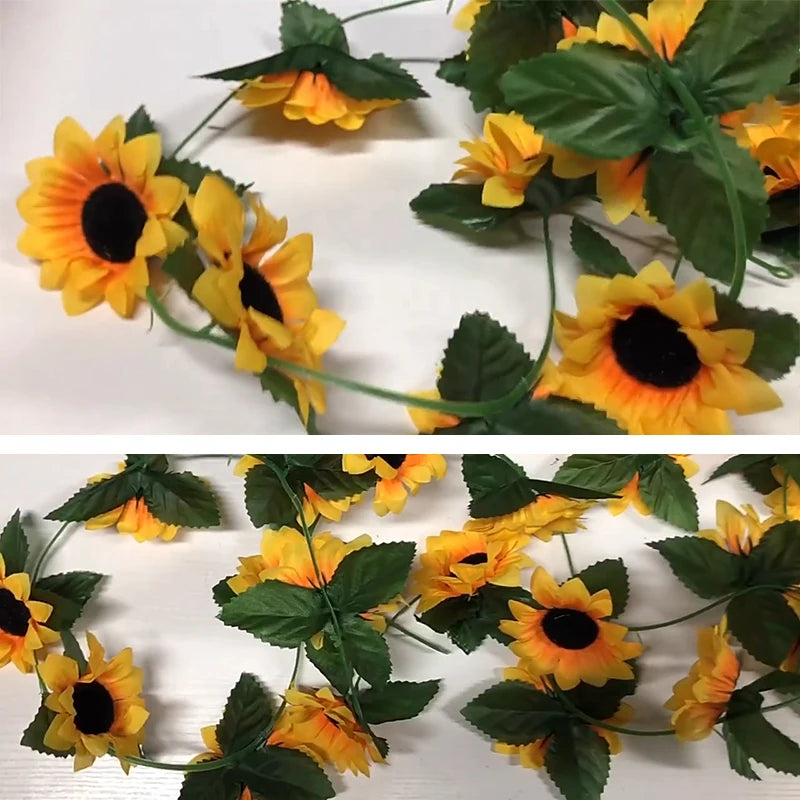 guirlande fleurs tournesol artificielles feuilles vertes extérieur décoration maison jaune noire festive naturelle