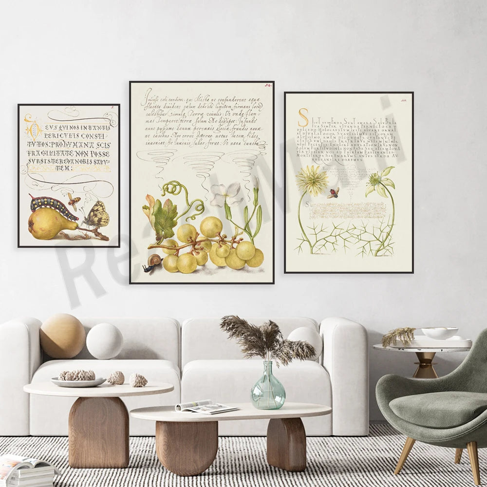 Composition murale avec illustrations botaniques et texte calligraphié, dans un salon aux tons naturels et meubles en bois.