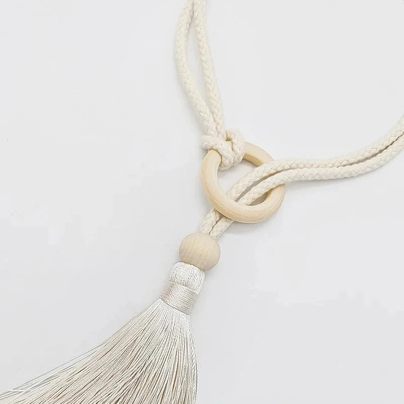 attaches rideau tassel bois moderne élégant franges anneaux chanvre uni beigeclair