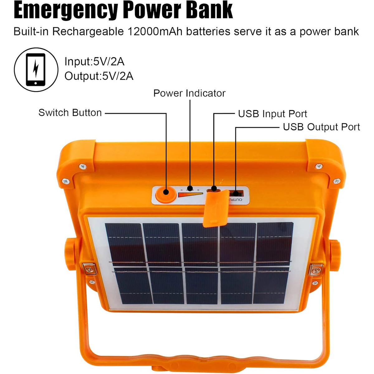 lampe solaire portable orange moderne étanche ip66 poignée articulée panneau solaire usb