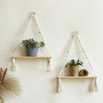 étagère suspendue boho corde tressée bois franges anneaux métal chambre salon bois naturel