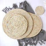 tapis table tissé main rustique couleur beige clair matériau cuir maïs artisanal diamètre 20cm