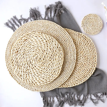 tapis table tissé main rustique couleur beige clair matériau cuir maïs artisanal diamètre 20cm