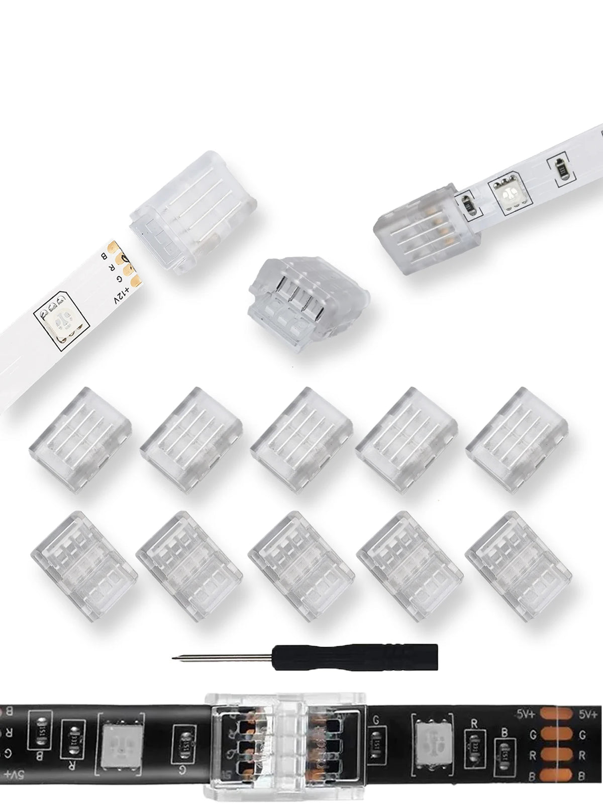 connecteurs led transparents broches dorées clips modernes 24v basse tension câbles colorés rouge vert