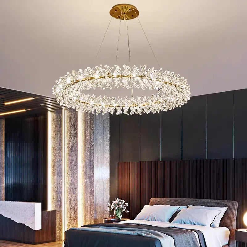 Chandelier moderne or cristal led suspension lumineuse contemporaine verte fluorescente