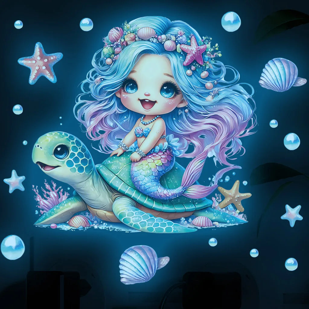 sticker mural sirène tortue dessin animé coquillages bulles chambre enfants filles nocturne glow decoration
