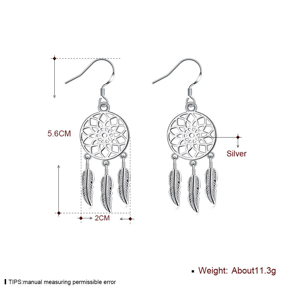 boucles d'oreilles ethniques bohèmes attrape rêves plumes filetage argenté 925 sterling femmes partie festive