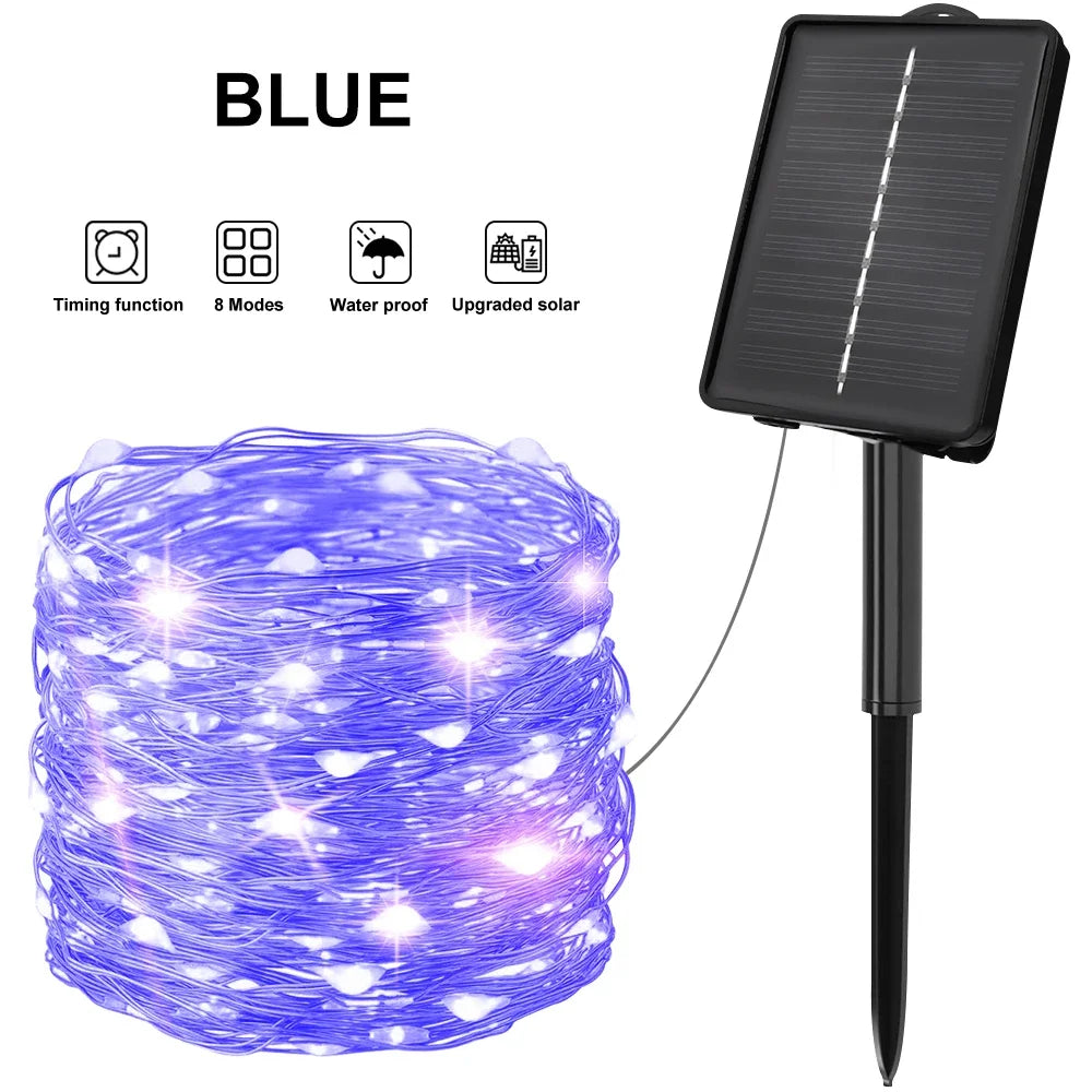 guirlande lumineuse solaire 200 led blanc chaud moderne fil cuivre autonome étanche ip65 abs