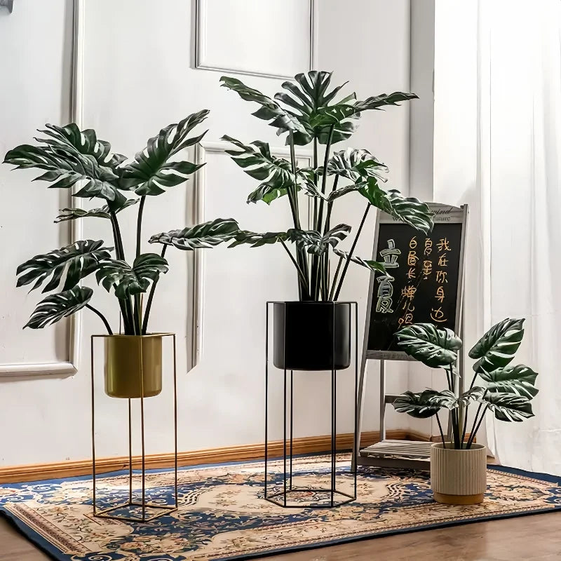 plantes artificielles vertes feuilles grandes moderne pot support métallique exposition extérieure