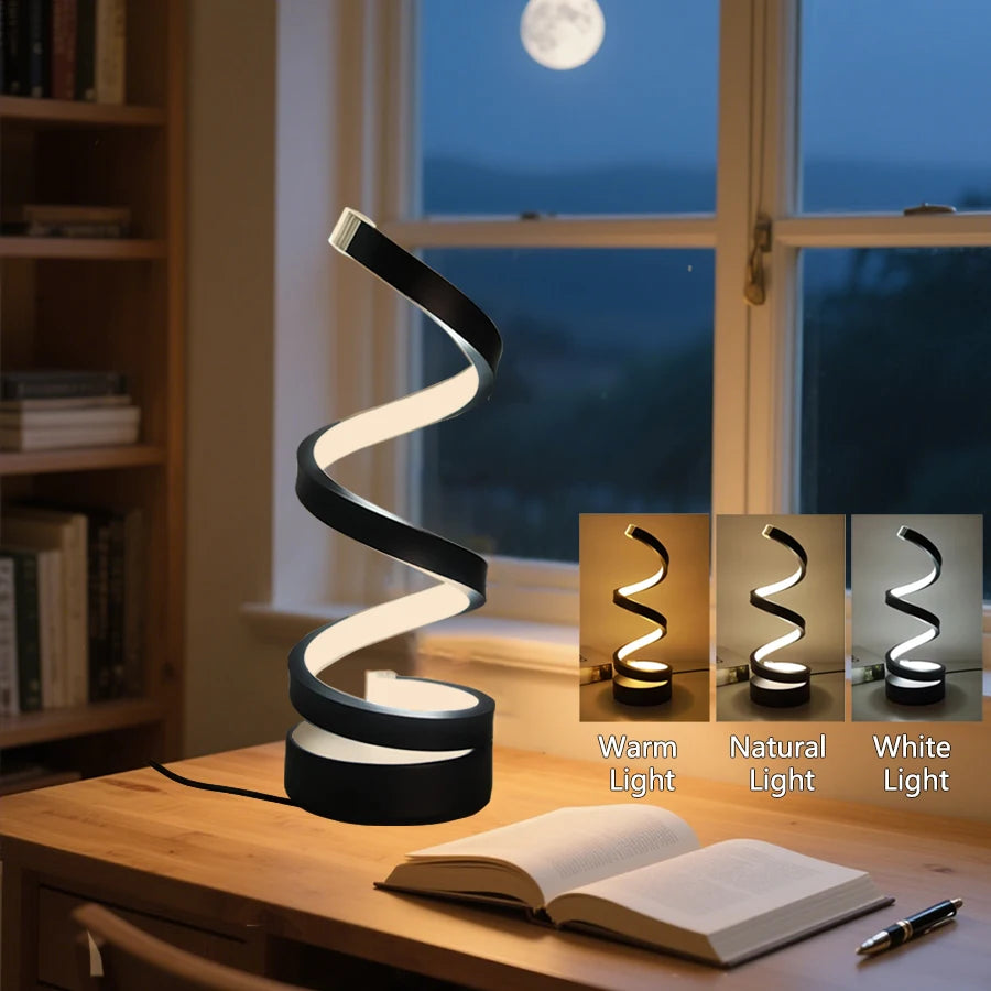 lampe table spirale noir blanc moderne led usb dimmable base plate aluminium