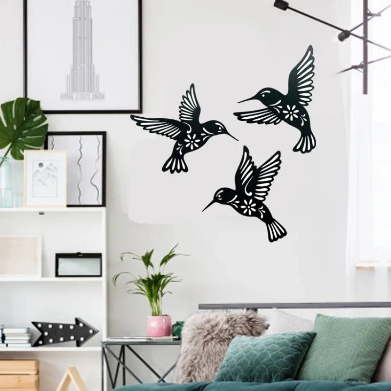décoration murale oiseaux colibris métal noir motifs fleurs adhésif moderne artisanal trois pièces