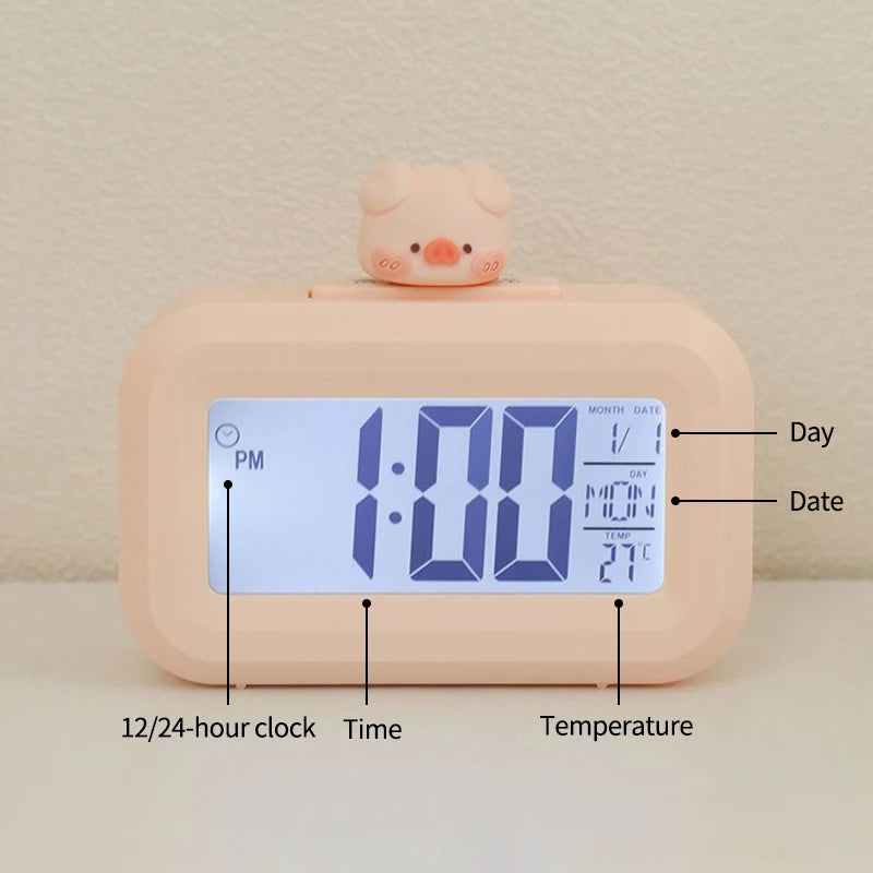 réveil horloge numérique led rose clair indicateur date température cochon figurine minimaliste
