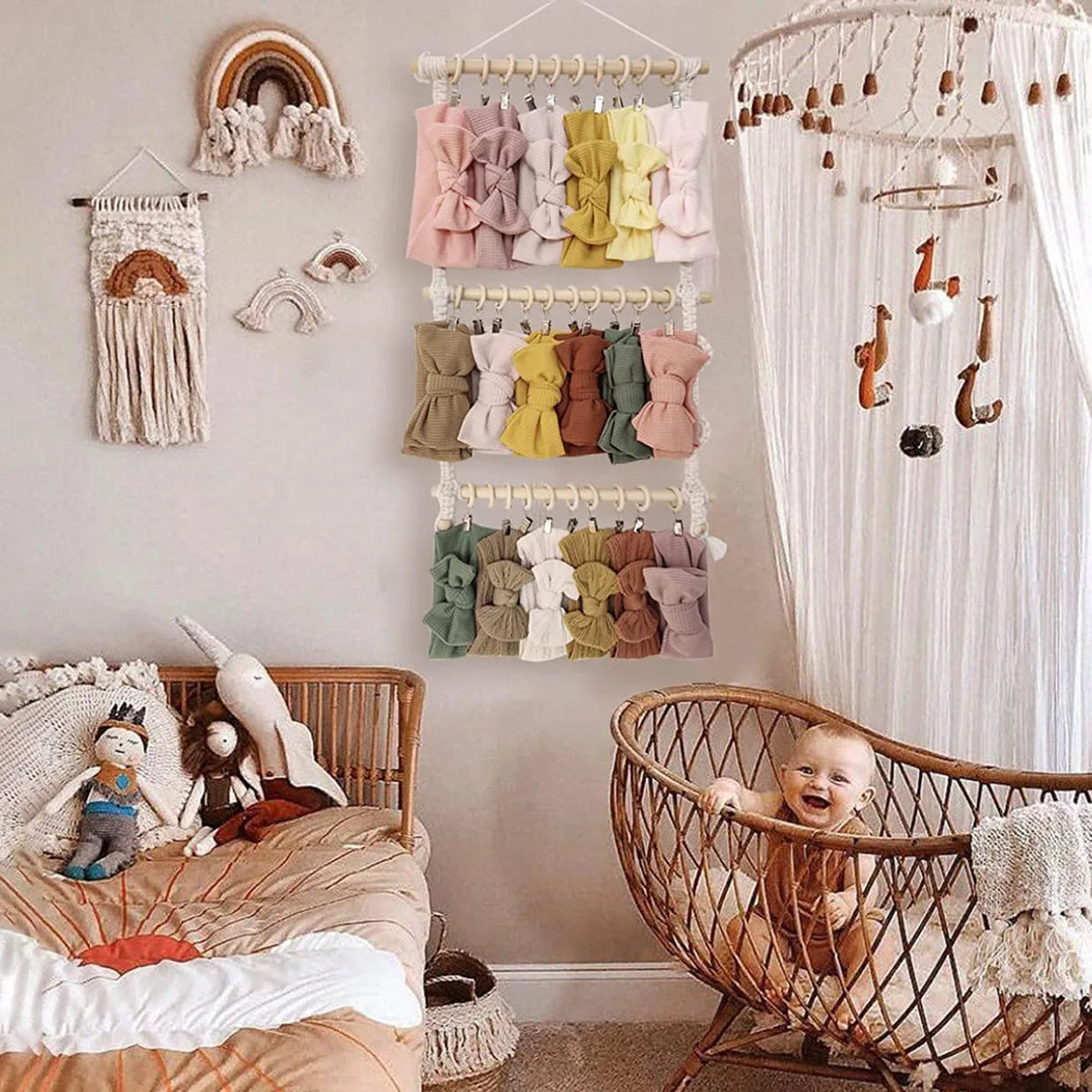 organisateur mural boho chic rose bandeaux bébé fille clips tissu geometrique chambre enfants