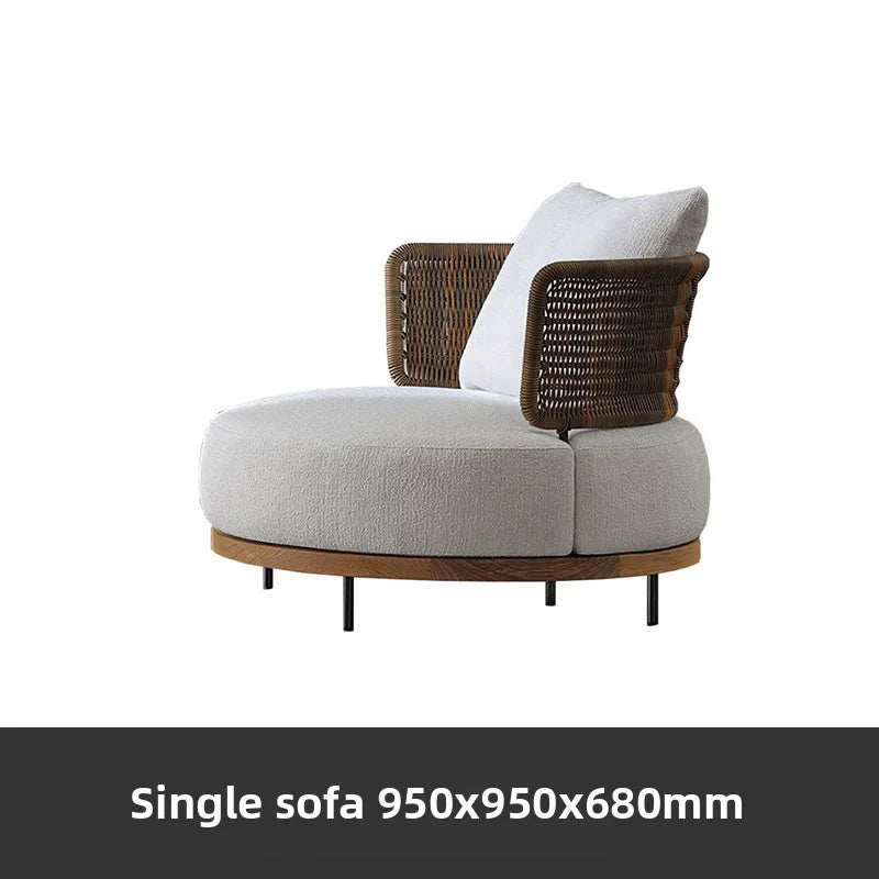 canapé jardin deux places tissu beige bois marron coussins blancs moderne pieds métalliques noirs