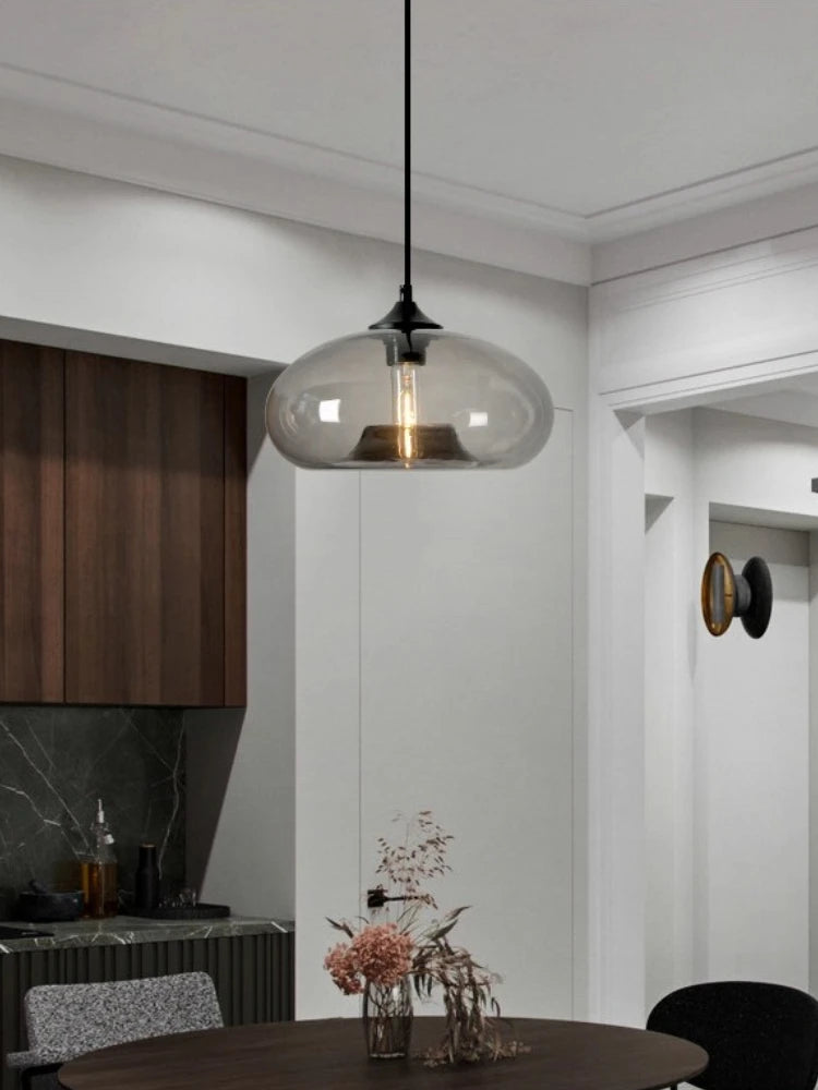 Suspension lumineuse verre soufflé moderne couleur transparent brun rouge bleu ampoule filament câble noir