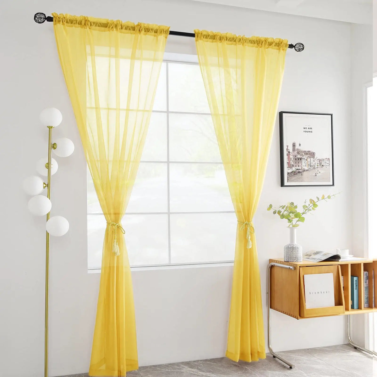 rideau jaune tulle moderne fenêtre translucent épuré poche tringle