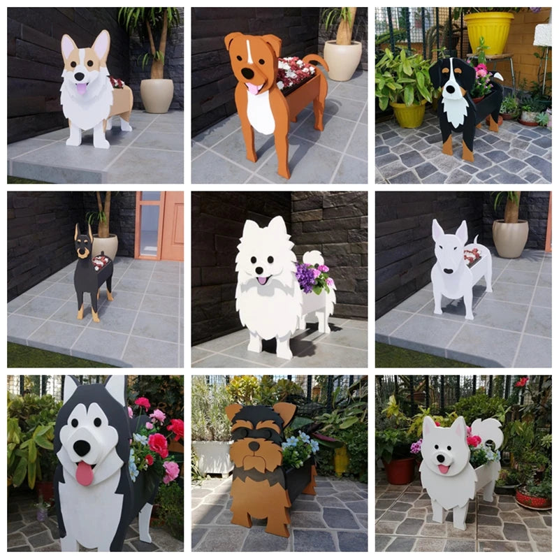 statue chien bois jardinière fleurs artificielles décoration jardin extérieur pot plante cartoon noir