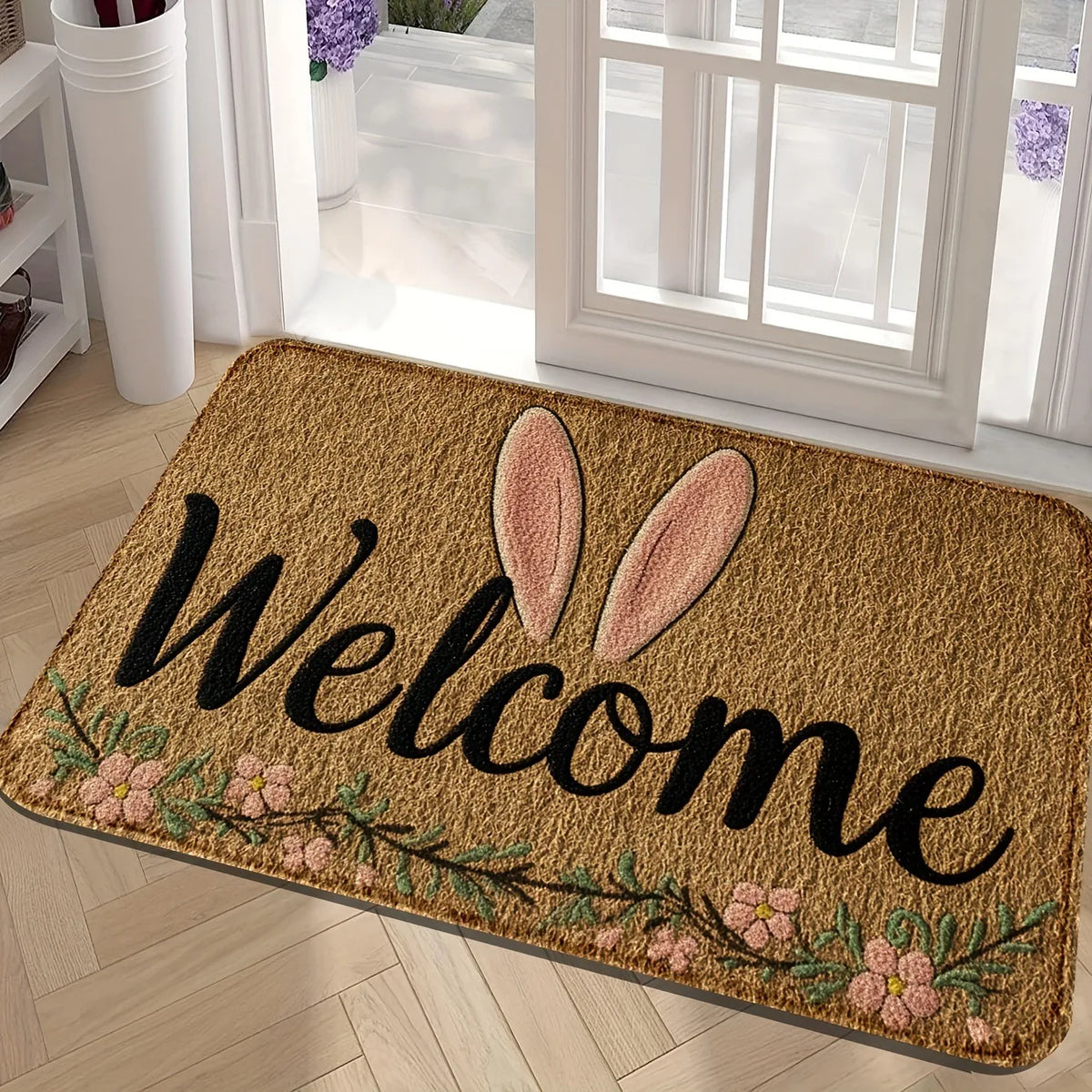 tapis d'entrée moderne marron clair rose vert bleu jaune blanc oreilles lapin fleurs welcome