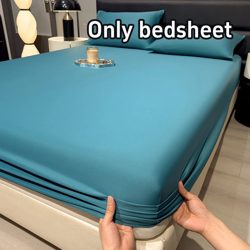 drap housse matelas soie glacée respirant frais été doux coton uni bleu gris moderne