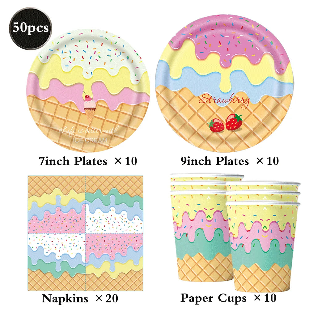 assiettes jetables serviettes gobelets nappe confettis glace vanille fraise anniversaire enfant été festive