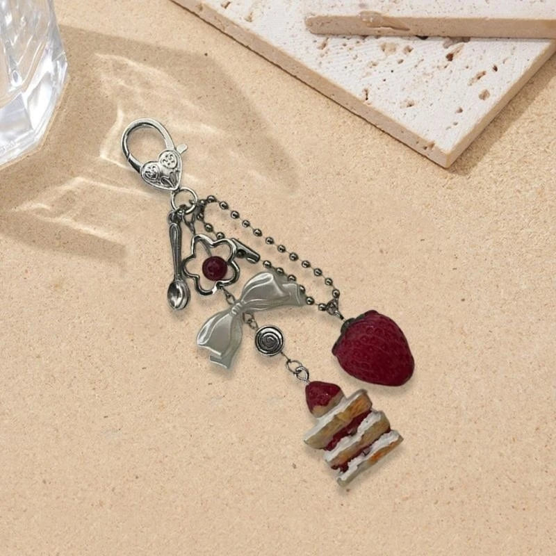 porte clés femme argent rouge blanc motif fraise sandwich cœur mignon retour école