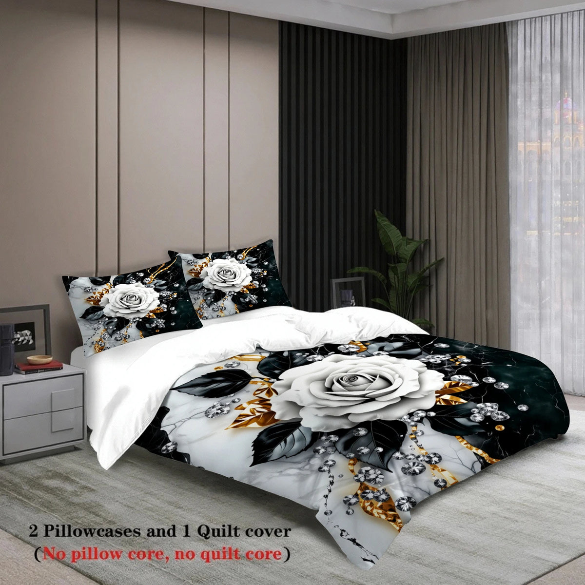 ensemble literie floral luxueux blanc noir or taies d'oreiller fermeture éclair couverture sans garniture