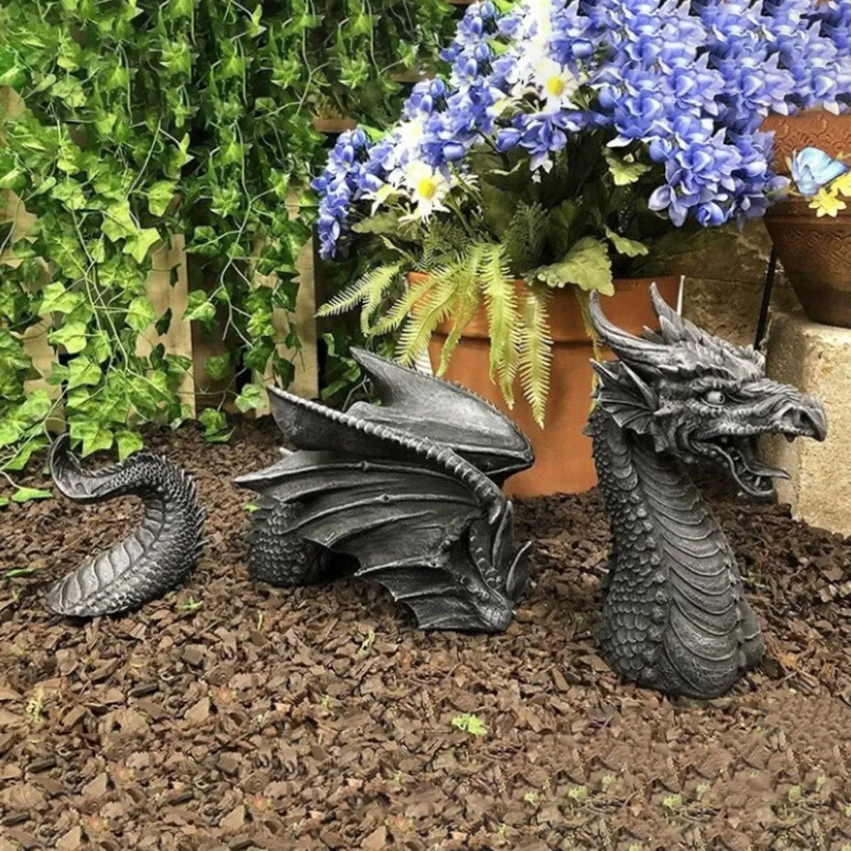 statues dragons decoratives exterieur intérieur gris argenté ecailles detaille fantastique medieval