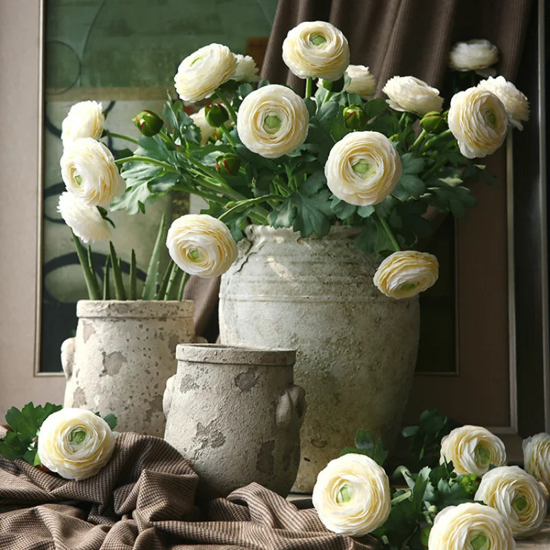 décoration intérieure ranunculus artificiels fleurs soie multicolore blanc crème jaune rouge salon maison