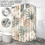 rideau douche tropical feuilles vertes fleurs blanches opacité moderne 12 anneaux métalliques polyester dimension