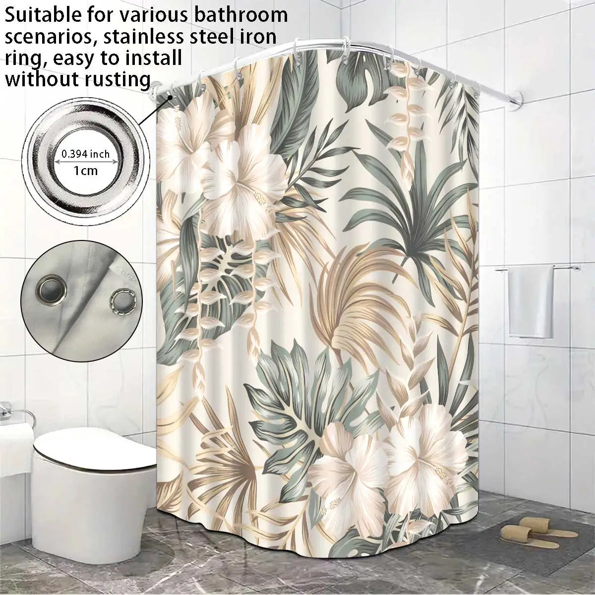 rideau douche tropical feuilles vertes fleurs blanches opacité moderne 12 anneaux métalliques polyester dimension