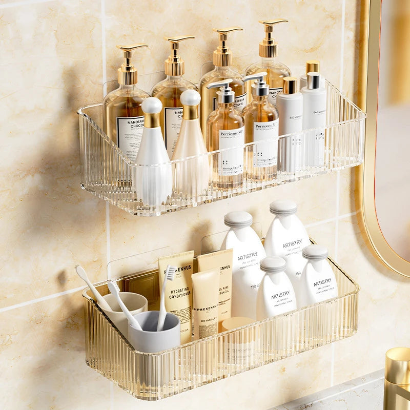 étagère murale transparente moderne rayures bouteilles flacons accessoires salle bains